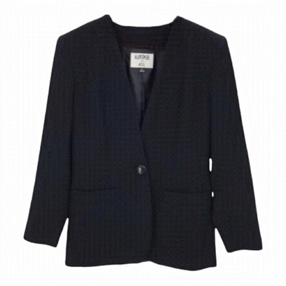 Kasper Black Vintage Fully Lined Shoulder Pads Mid Length Blazer Jacket Size 6
